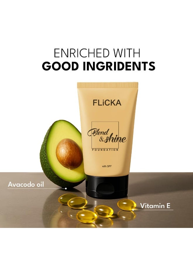 FLiCKA Blend and Shine Liquid Foundation for Face Makeup 30ml | Medium to High Coverage | Vitamin E, Avocado Oil & SPF | Moisturizing, Lightweight, Waterproof | All Skin Types | 02 Beige - Image 2